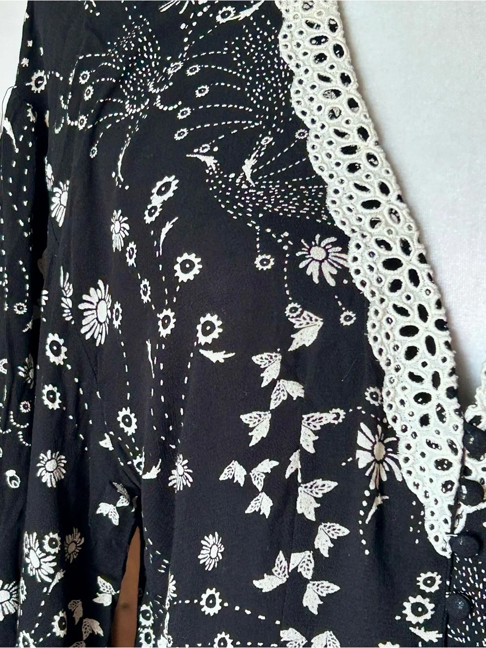 Free People Black Floral Button-Up Blouse with Cream Crochet Trim